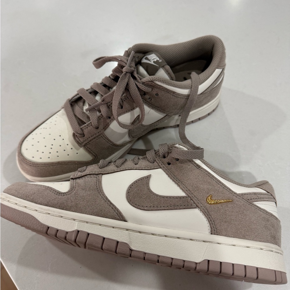 Nike Women’s Low-Top Sneakers — Taupe and White with Gold Accent